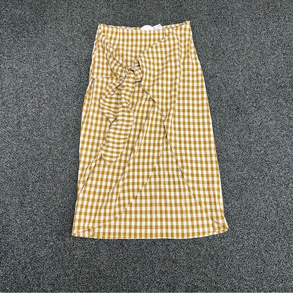 Jupe NYC Mustard Yellow & Cream Checkered Wrap Midi Lightweight Modest Skirt L - Picture 8 of 16